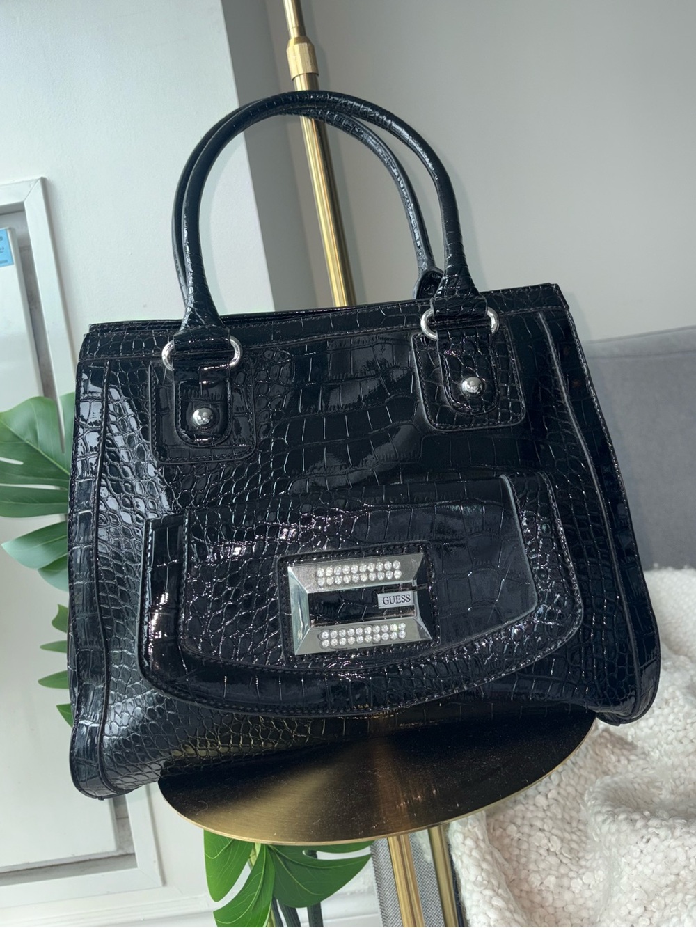 Vintage Y2K GUESS Glossy Patent Croc Embossed Rhinestone Tote Bag